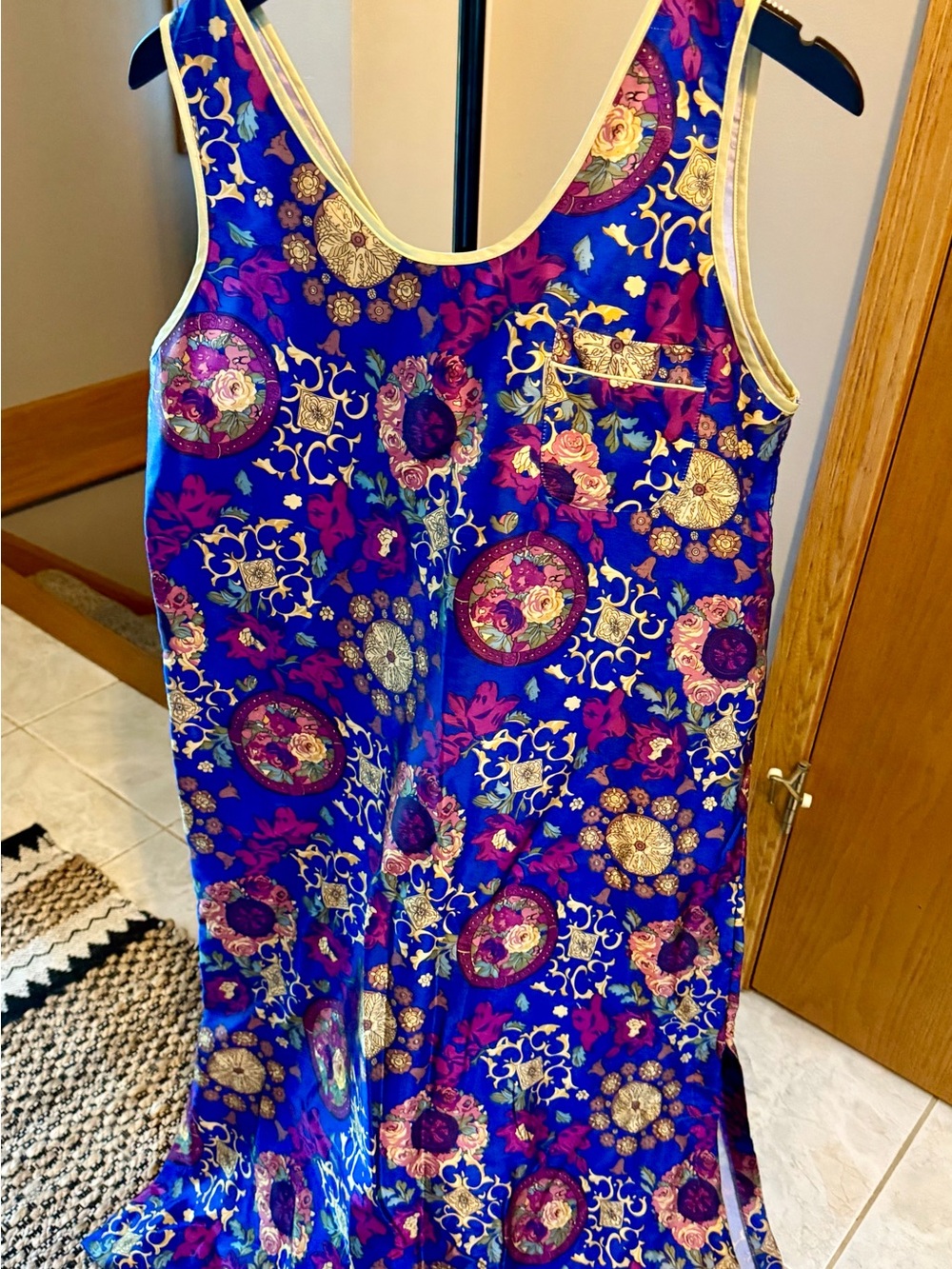 Vanity Fair Royal Blue Floral Medallion Sleep Dress with Cream Trim